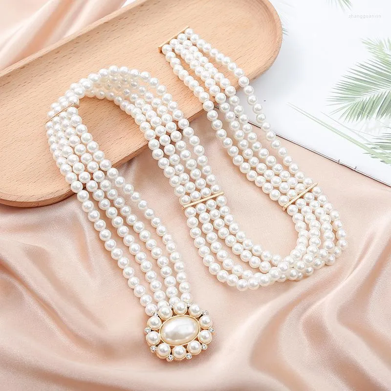 Bälten White Pearl Elastic Belt for Women Luxury Design Fashion Casual Trendy Dress Clothing Accessories Goth Retro midje midjeband