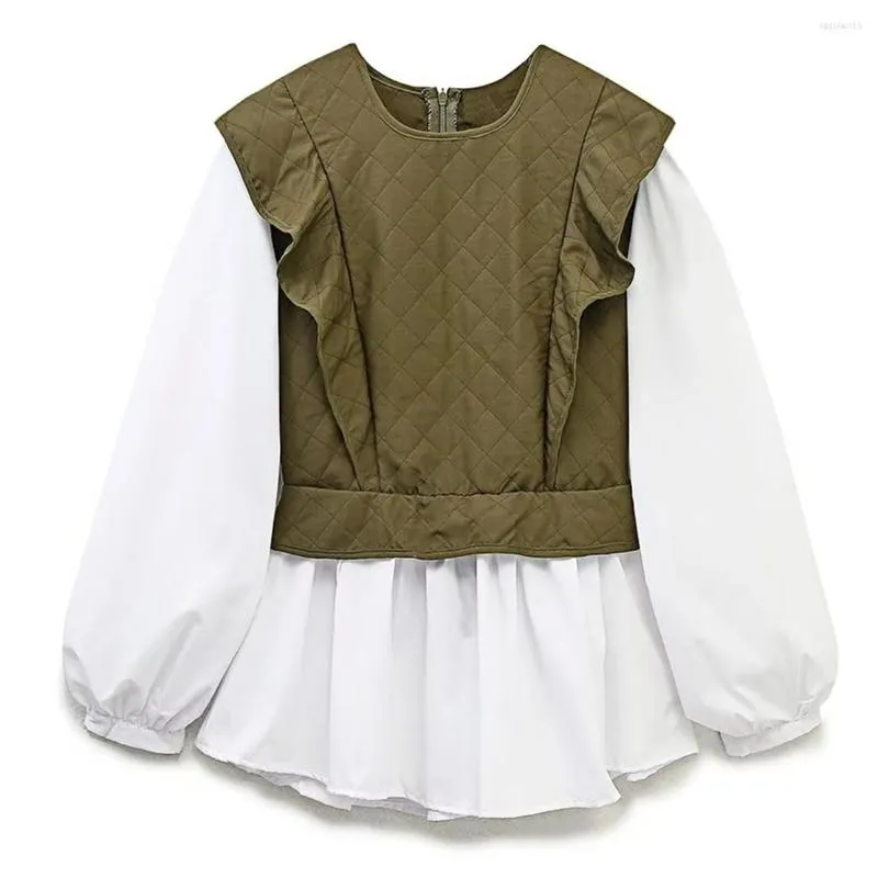 Blouses des femmes Maxdutti Fashion Army Blouse vert Green Women Patchwork Rouffles à manches longues