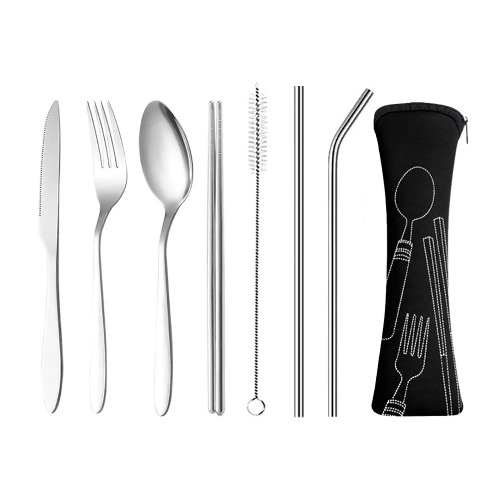 7 pcs/set Outdoor tableware Stainless steel portable tableware Knife fork spoon chopsticks straw