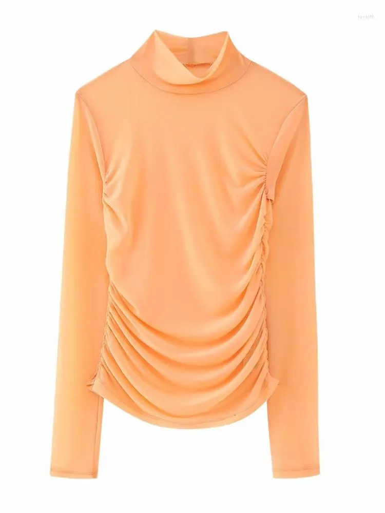 Blusas femininas mulher moda moda laranja slim ealstic tops 2023 mola meninas y2k plissadas ver através de tops ladies sexy mock reck club