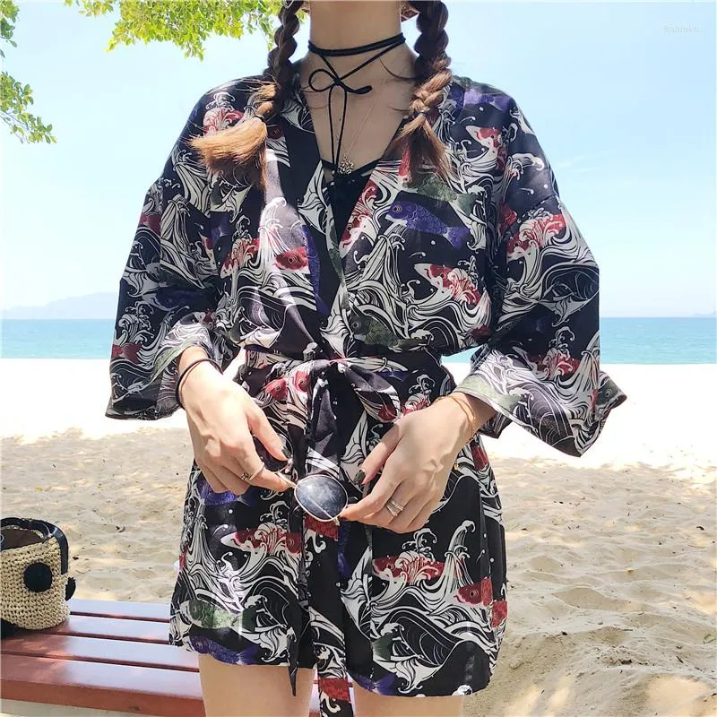 Etnische kleding Bebovizi Black 2023 Zomer Japanse mode Vrouwen Harajuku Cardigan Kimono Blouse Tops Casual Beach Kimonos Robe kleding