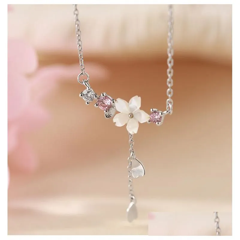 Pendant Necklaces Sier Crystal Shell Cherry Blossoms Charm Necklace For Women Choker Collares Party Jewelry Drop Deli Dhgarden Dhous