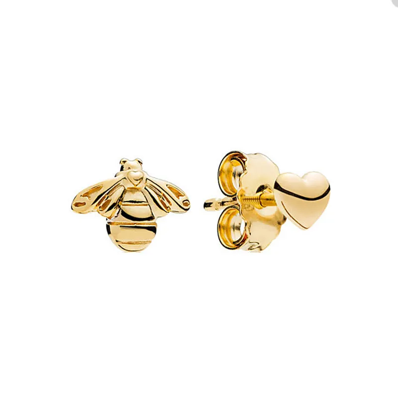 Golden Bee and Heart Stud örhängen för Pandora 925 Sterling Silver Wedding Party Jewelry Designer Earring For Women Girl Girl Gift Love Earring With Original Box