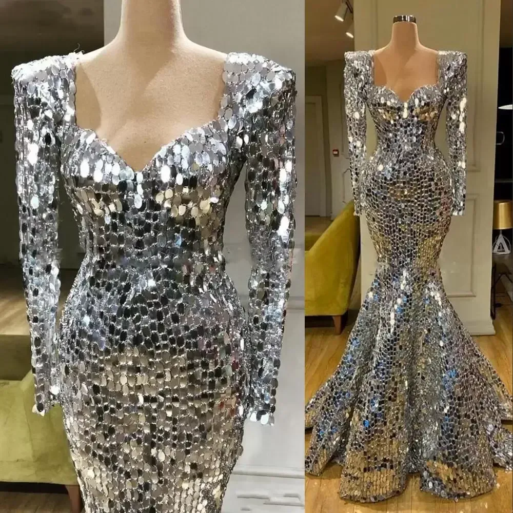 Funkelnde Pailletten Silber Meerjungfrau Abendkleider Lange Ärmel Arabisch Abendkleid Dubai Lange Elegante Frauen Formale Party Gala Kleider CG002