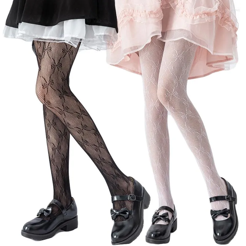 Mulheres meias Hollow Out Lace Fishnet Pantyhose Sweet Bowknot Nottled Jacquard Stretch Tights Gothic Lolita Meias
