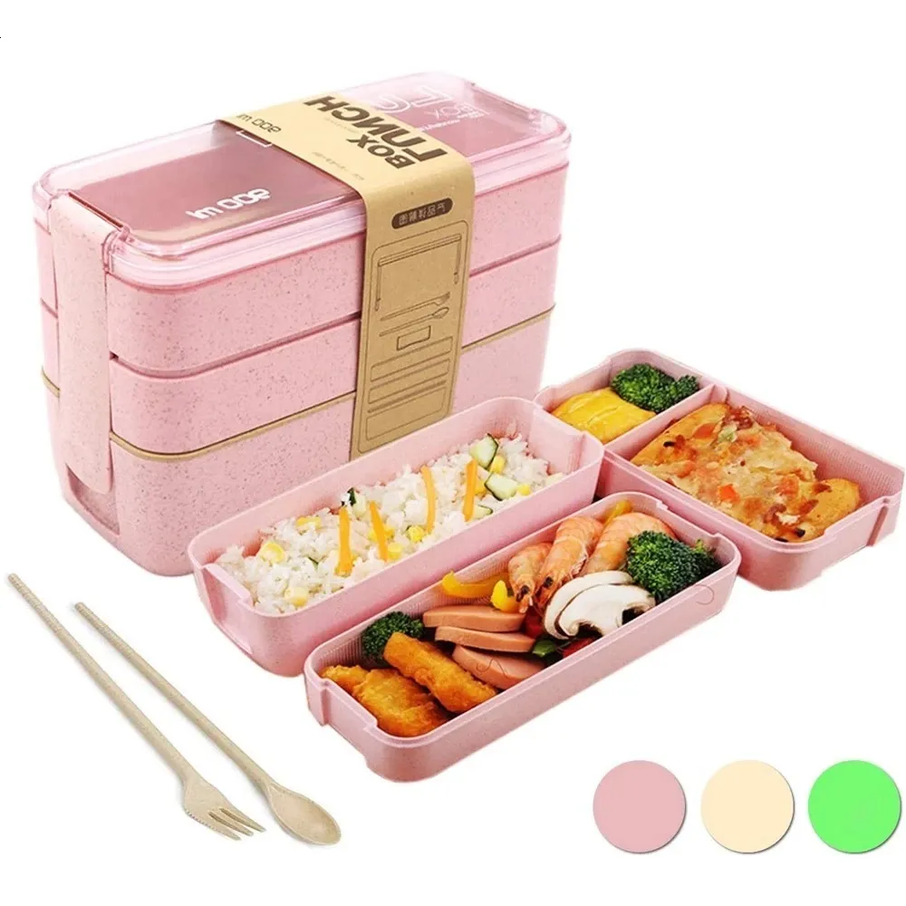 Bento -dozen keuken magnetron lunchbox tarwe rietje gezond materiaal 3 lagen Japanse bento box food container kinderen schoolkantoor dinerijen 230515