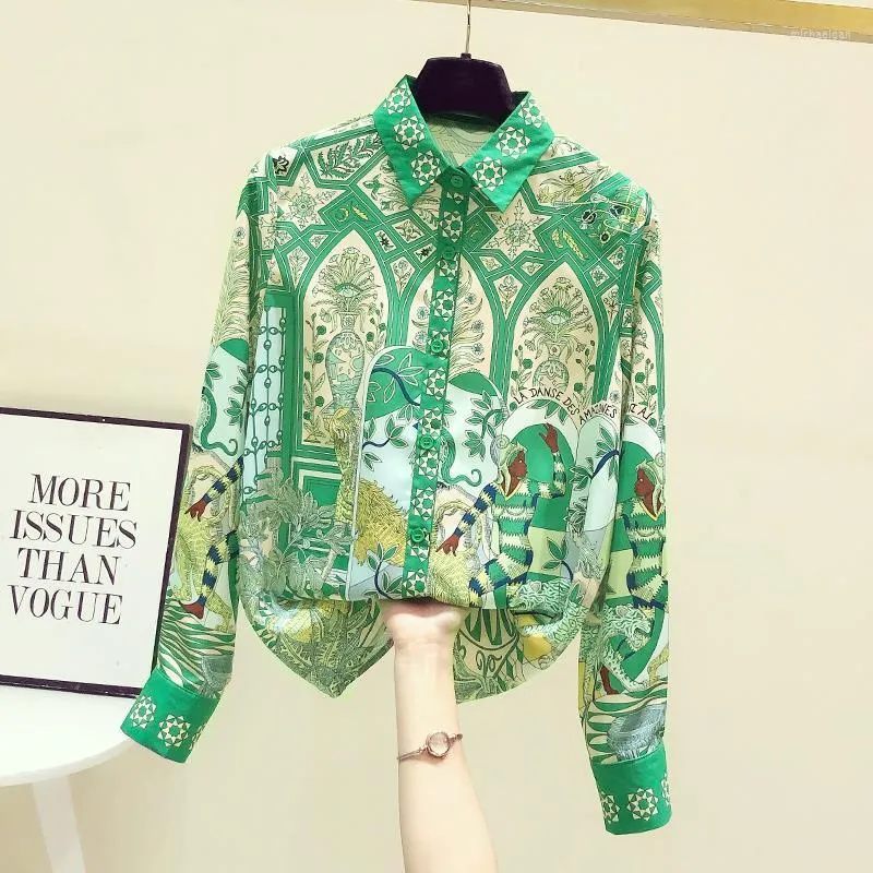 Women's Blouses Vintage Floral Print Blouse Womens Tops Silk Long Sleeve Green Office Ladies Lapel Button Up Loose Shirt Blusas Mujer