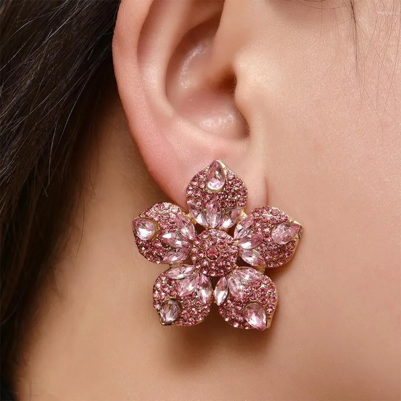 Stud Earrings Exaggerated Gold Color Blue Crystal Flower For Women Vintage Big Pink Rhinestone Ear Wedding Party Jewelry