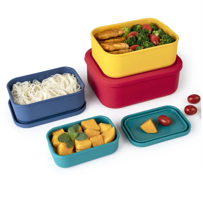 Bento Boxes Rectangle Silicone Lunch Box With Measurement Bento Box Hested Containers Staplade kapsel Matlagringsarrangörer Tabeller 230515