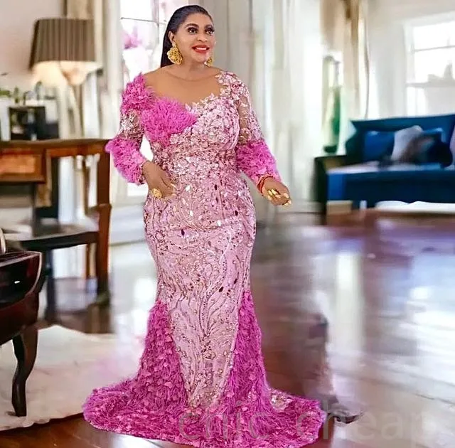 May Aso Ebi Fuchsia Mermaid Prom -Feather Feather in pizzo Evening Formale Formale Accogliente Accogliente Gowns Dress Des DE DE HOIEE ZJ266 407