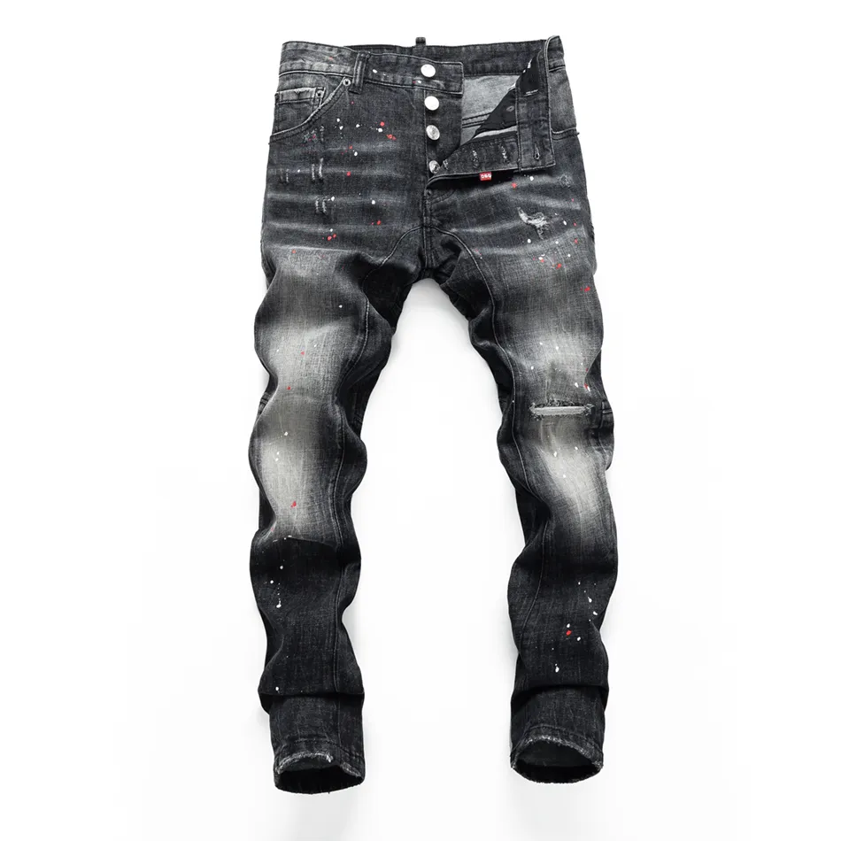 DSQ slim negro Jeans para hombre Cool Guy Jeans agujero Clásico Hip Hop Rock Moto Diseño casual Denim desgastado DSQ2 Jeans 387