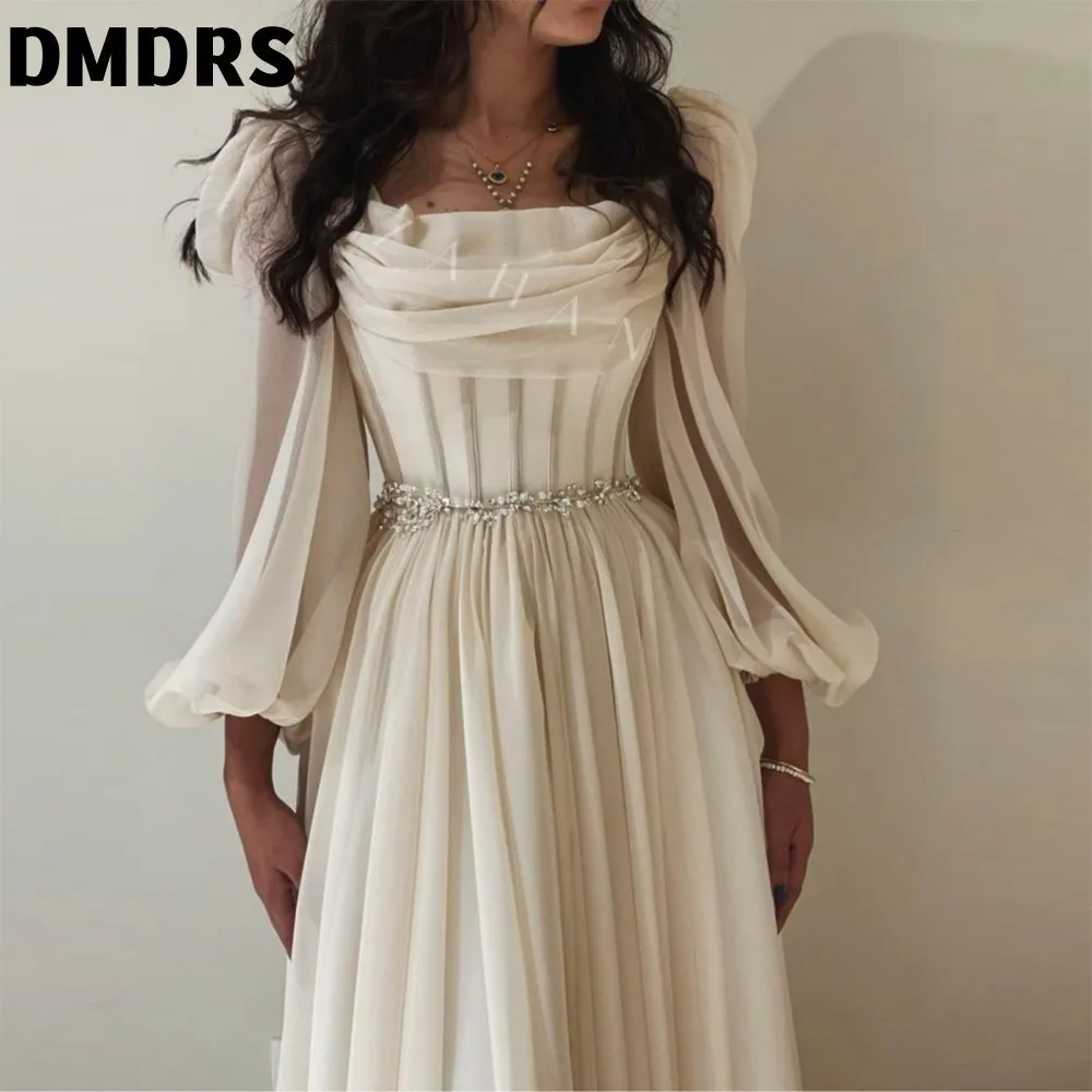 Ivory Chiffon Floor-Length Party Dress with Long Sleeves, A-Line  Silhouette, Beaded Details, and Pleated Fitted Design for Women from Dhgate  Urban Sexy Dresses - price 221.11