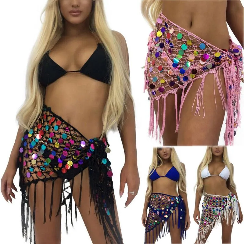 Sarongs Style Fashion Beach Bikini Cover up paljetter Swim kjol Kort wrap tassel franse mini