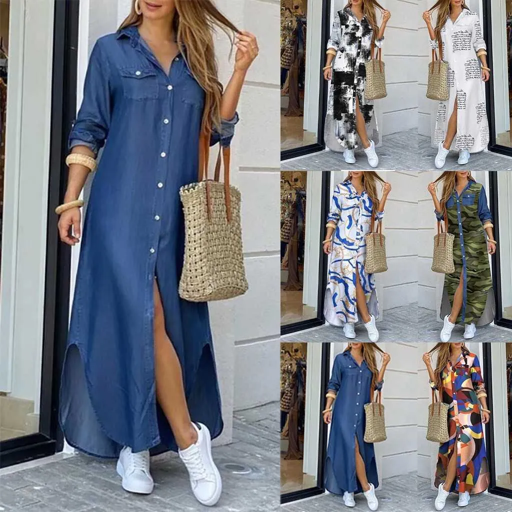 Party Dresses Autumn Long Dress Long Sleeve Shirt Women's Denim Long Dress Pocket Button Shirt Printing Casual Loose Dress P230515