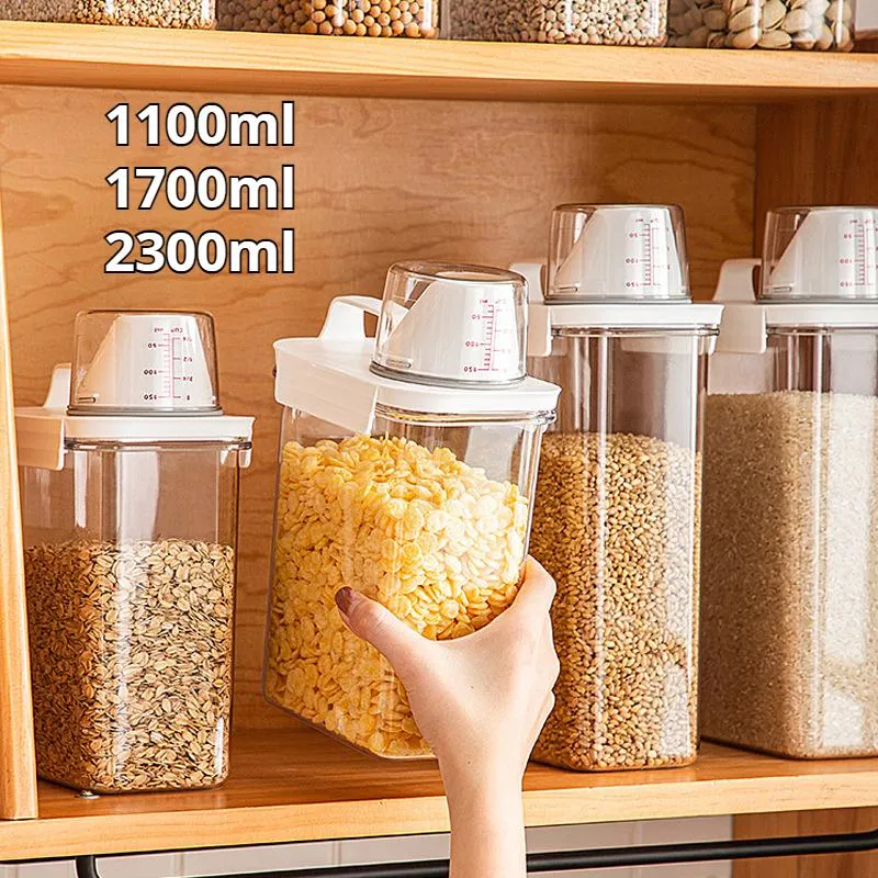 Organizzazione Contenitore ermetico per alimenti, barattolo trasparente per cereali da cucina, con misurino, beccuccio per versare, set di scatole per organizer