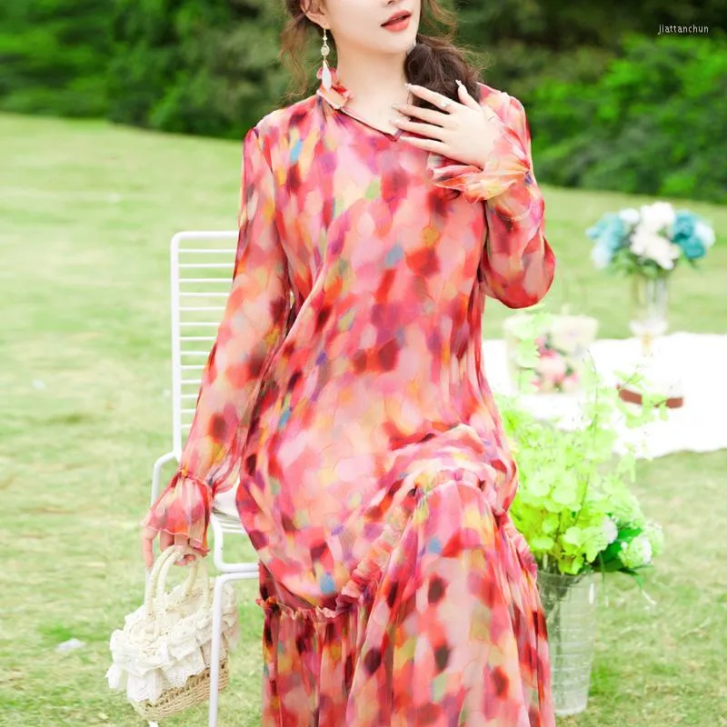 カジュアルドレス高品質の女性の春夏桑の絹の絹の女性用ウエストスリムなピンクのドレス服