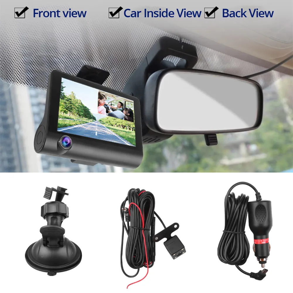 4 '' bil DVR Dash Cam 3 kameror Lens Dash Camera Dual Lens Suppor Rearview Camera Video Recorder Auto Registrator DVRS DASHCAM