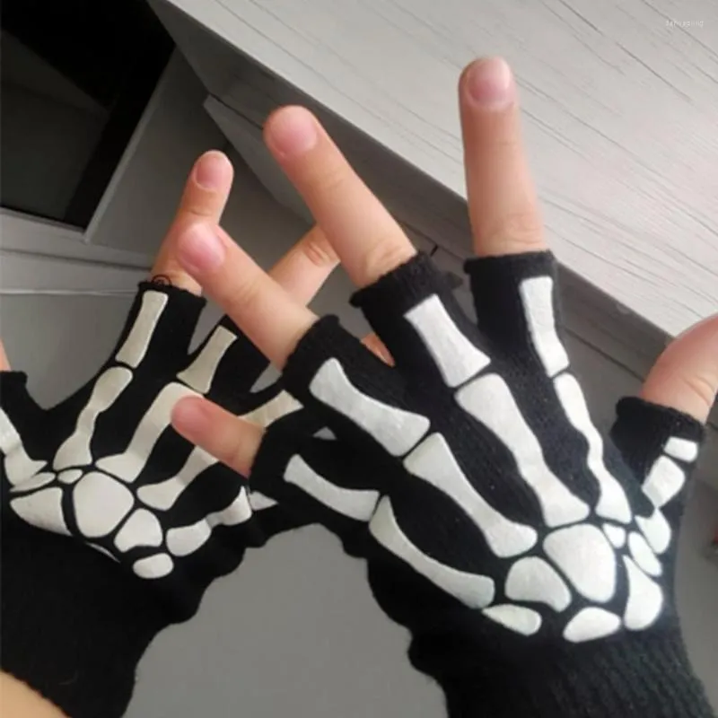 Cykelhandskar punk unisex halloween skelett skalle halv fingerfingerfri stretch stickade vinter vantar