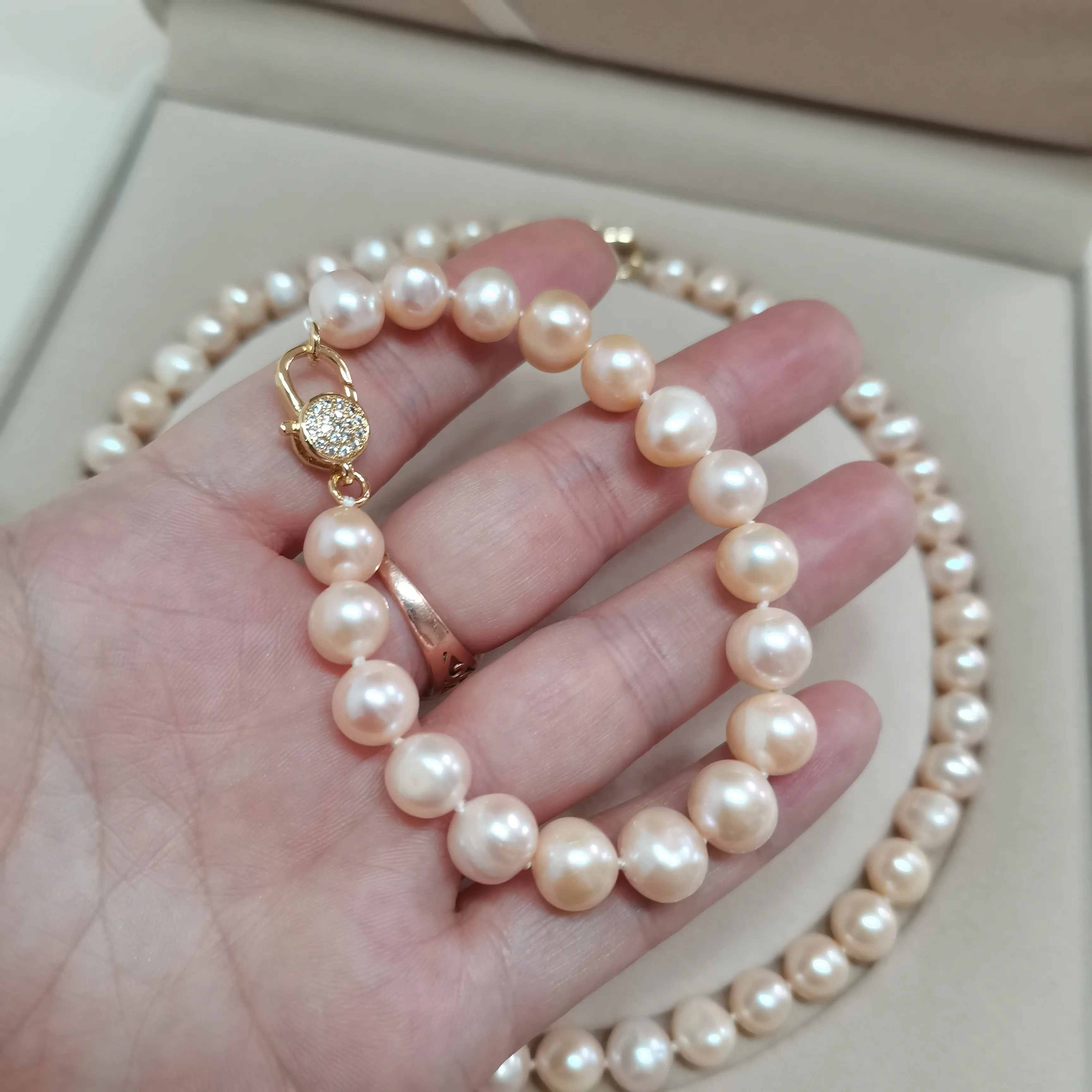 Hand knotted 9-10mm pink freshwater pearl necklace 45cm bracelet 19cm zircon micro inlay clasp set fashion jewelry