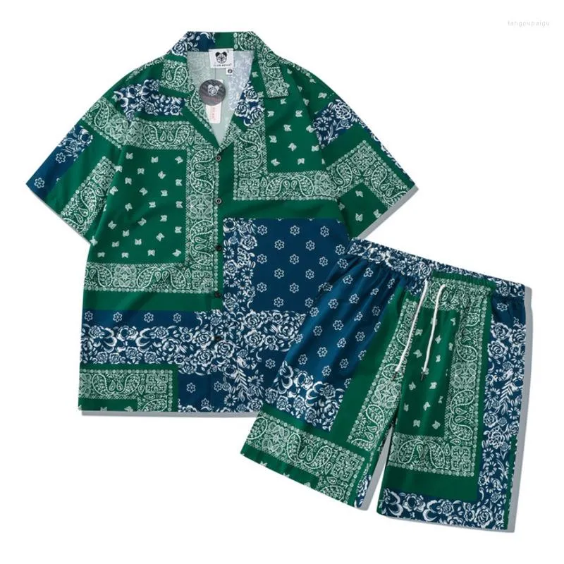 Men's Tracksuits Summer Etnic Style Mens camisas verdes Paisley Impressa Hawaiian Short Sleeve Cirlation and Drawstring shorts