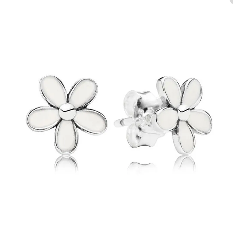 White Daisy Flower Stud örhängen för Pandora Authentic Sterling Silver Party Jewelry Diamond Earring Set For Women Sisters Gift Söt örhänge med originallåda