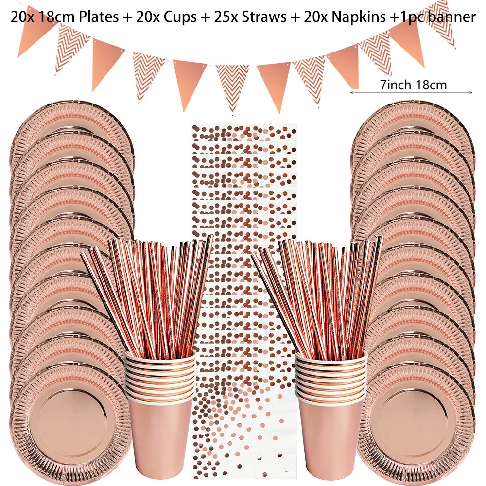 Disposable Dinnerware Rose Gold Disposable Tableware Party Table Decoration Paper Cups Plates Straws Wedding Birthday Party Tableware Supplies 230515