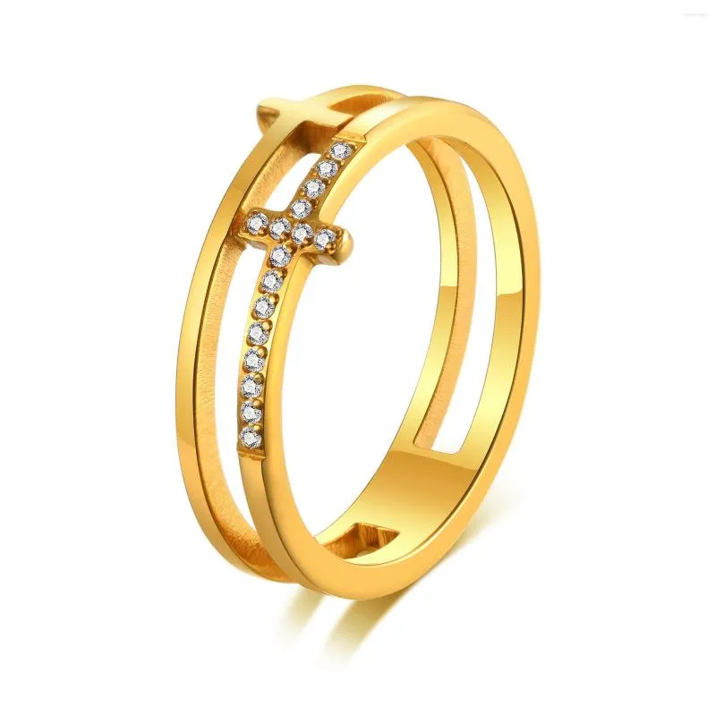 Bröllopsringar Trendiga minimalistiska guldfärg Cross Geometric Double Layer Finger Ring for Women Men smycken