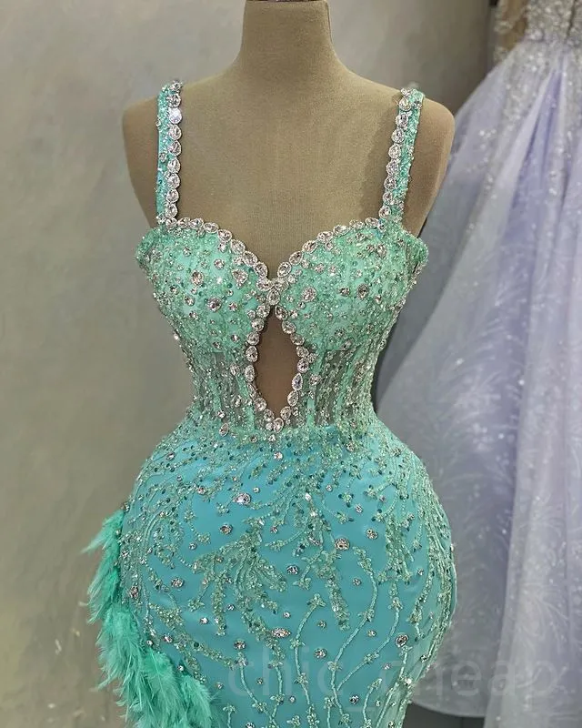 2023 May Aso Ebi Mint Mermaid Prom Dress Feather Crystals Luxurious Evening Formal Party Second Reception Birthday Engagement Gowns Dress Robe De Soiree ZJ264