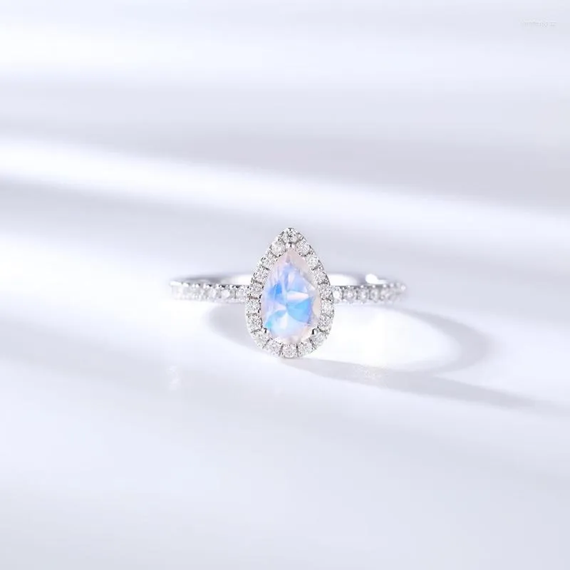 CxsJeremy 585 Or Blanc 14K 5 7mm Bague De Fiançailles En Pierre De Lune Naturelle Coupe Poire Pour Les Femmes Demi-éternité Anniversaire De Mariée