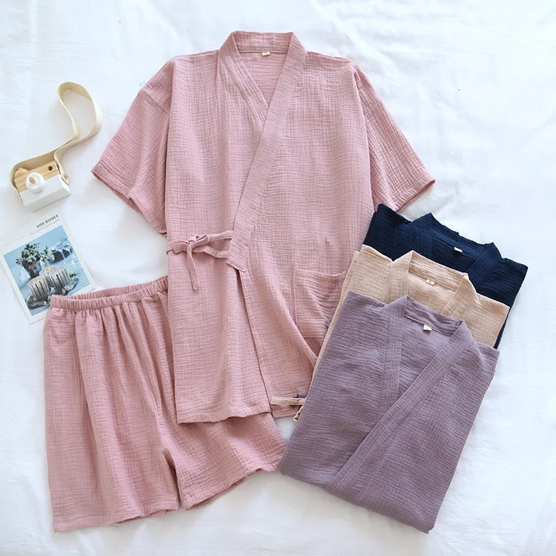 Women's Sleepwear Summer Style Japanese Kimono Pajamas Suit Couple Thin Cotton Crepe Men's Short-Sleeved Shorts Two-piece Women's Home Service 230515