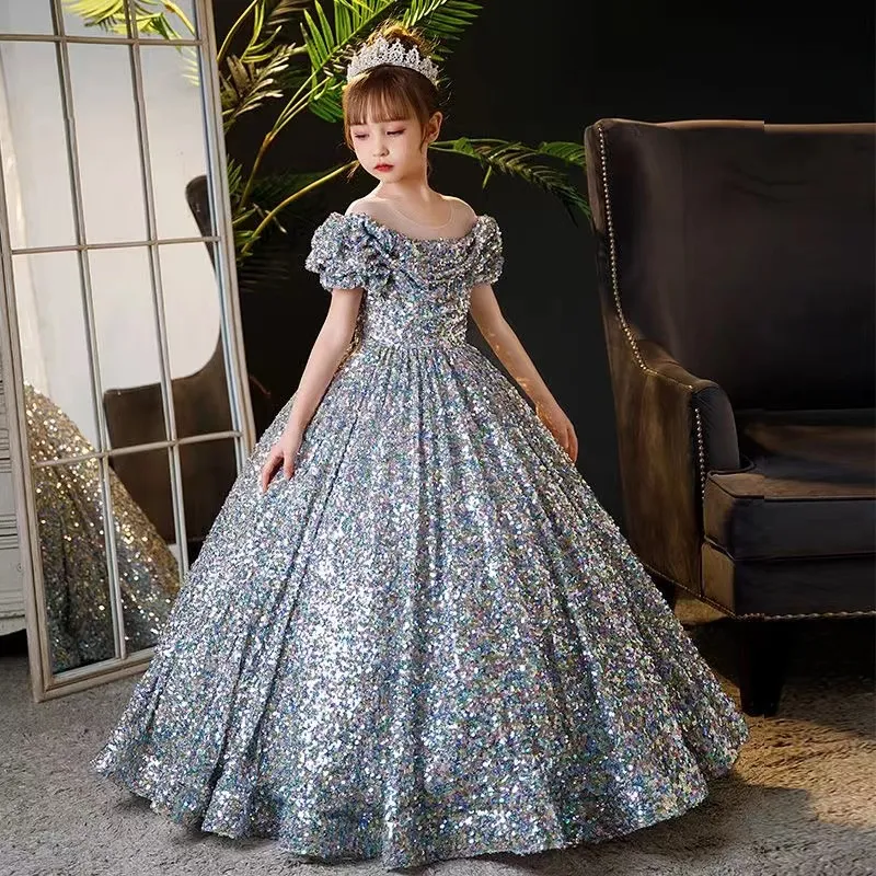 2023 Pretty Sequined Flower Girls Dress Princess Long Ball Gown 3D