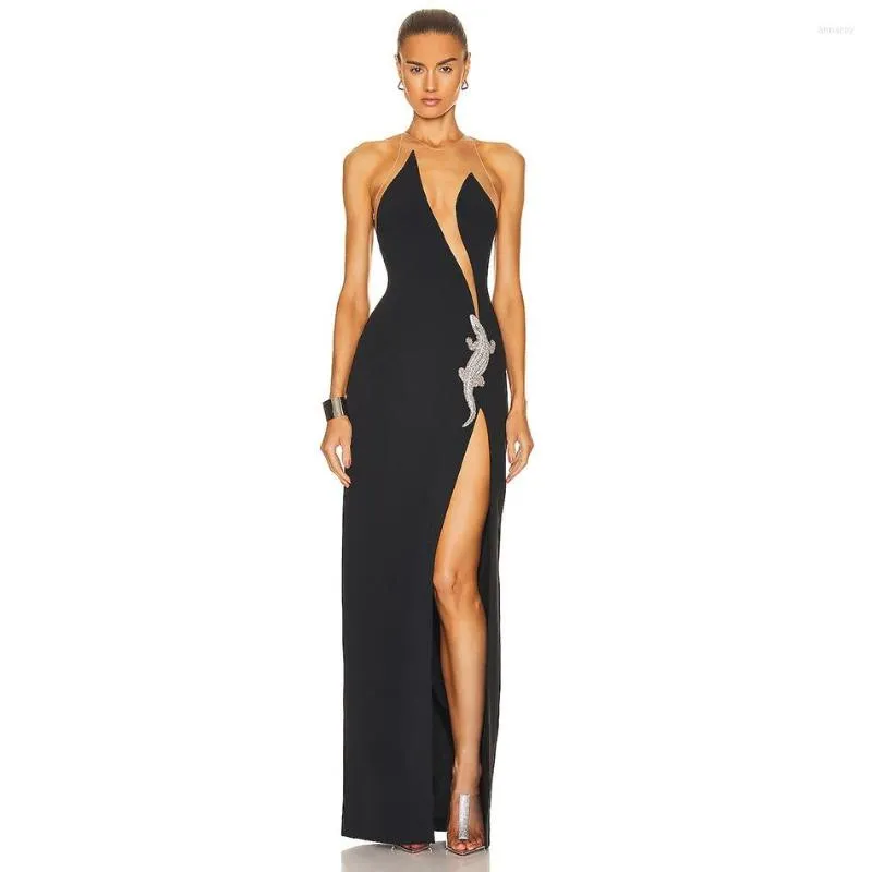 Casual Dresses Sexy High Waist Split Hollow Bandage Evening Dress Light Luxury Celebrity Niche Chic Performance