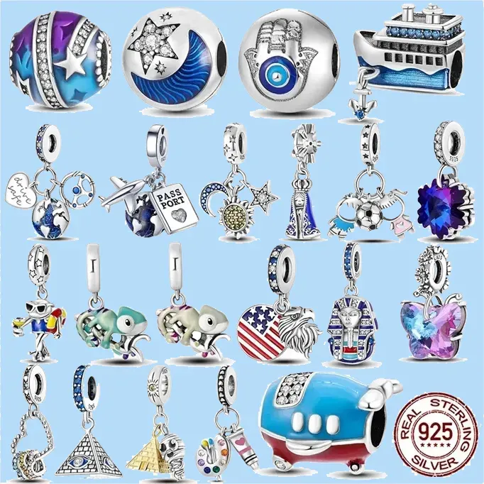 925 Charm koraliki Akcesoria Fit Pandora Charms Gwiazda Oczy Fatima Hamsa Ręka Księżyc samolot podróżny koralik