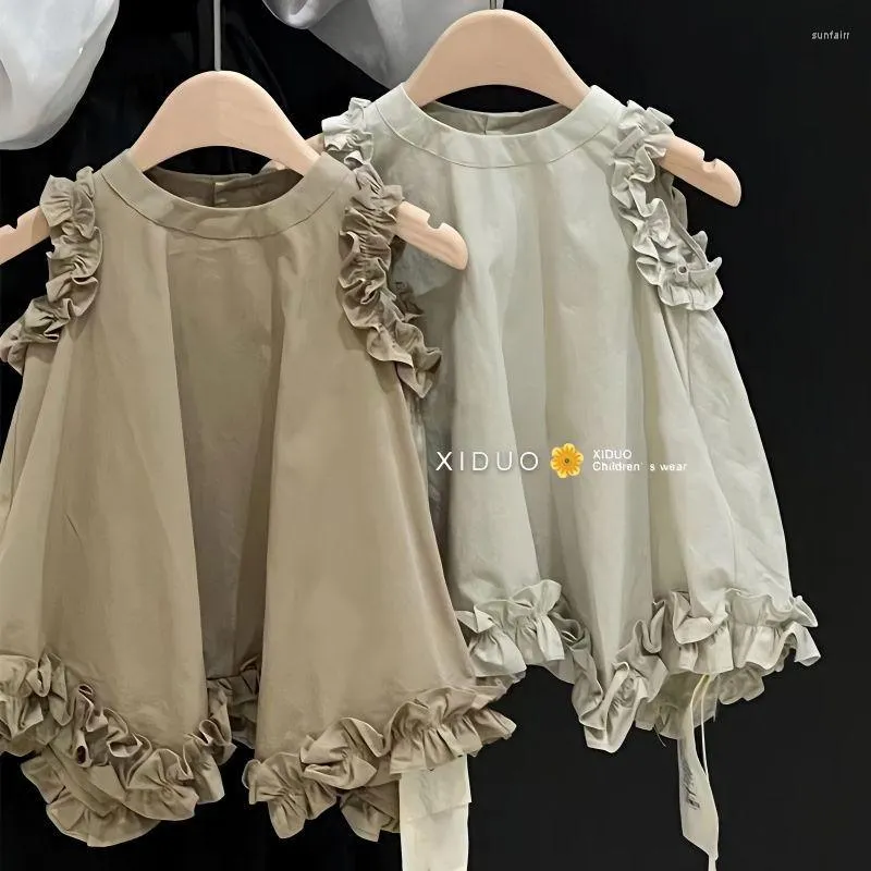 Girl Dresses Korean Children's Dress For Girls 23 Summer Fashionable Loose Round Neck Lace Sleeves Solid Tank Top Skirt