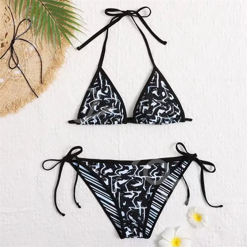 Summer Fashion Trend Swimsuit Designer Sexy Lace-Up Bikini Women's Swimsuit Sun Bath Set Split Neck Hanging Black Letter Stripes Delicate Light Luxury Bikini