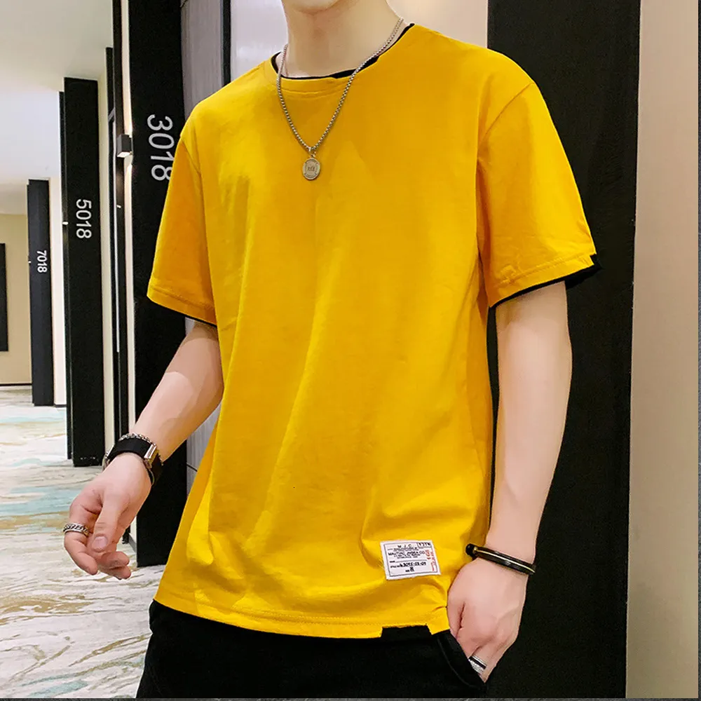 Men's T-Shirts Yellow T Shirt Men Trends Streetwear Solid Color Basic Casual T-shirts Men Tops Pure Cotton 230515