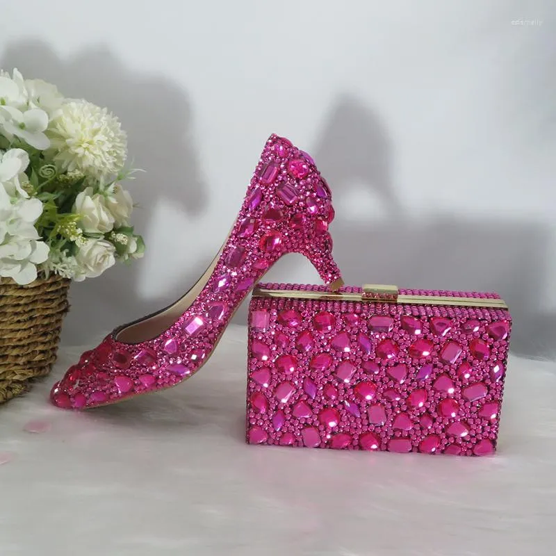 Fuchsia Pink Crystal Pointed Toe Ladies Silver Dress Shoes With