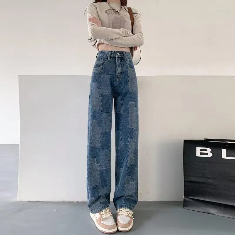 Dames jeans high taille straat plaid damesliteratuur en kunst harajuku all-match broek losse vrouwen rechte poten broek