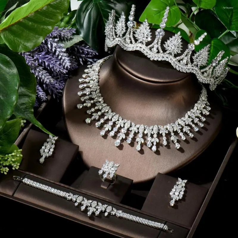 Halskette Ohrringe Set HIBRIDE Luxus Funkelnder Zirkonia Kristall Armband Ring Ohrring Frauen Hochzeit Party Nigerian Schmuck N-1630