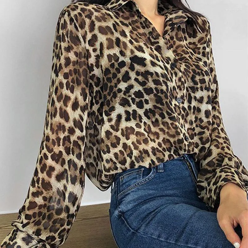 Женские блузки JSXDHK 2023 Весенние осенние леопардовые рубашки верхние винтажные женщины шифоно