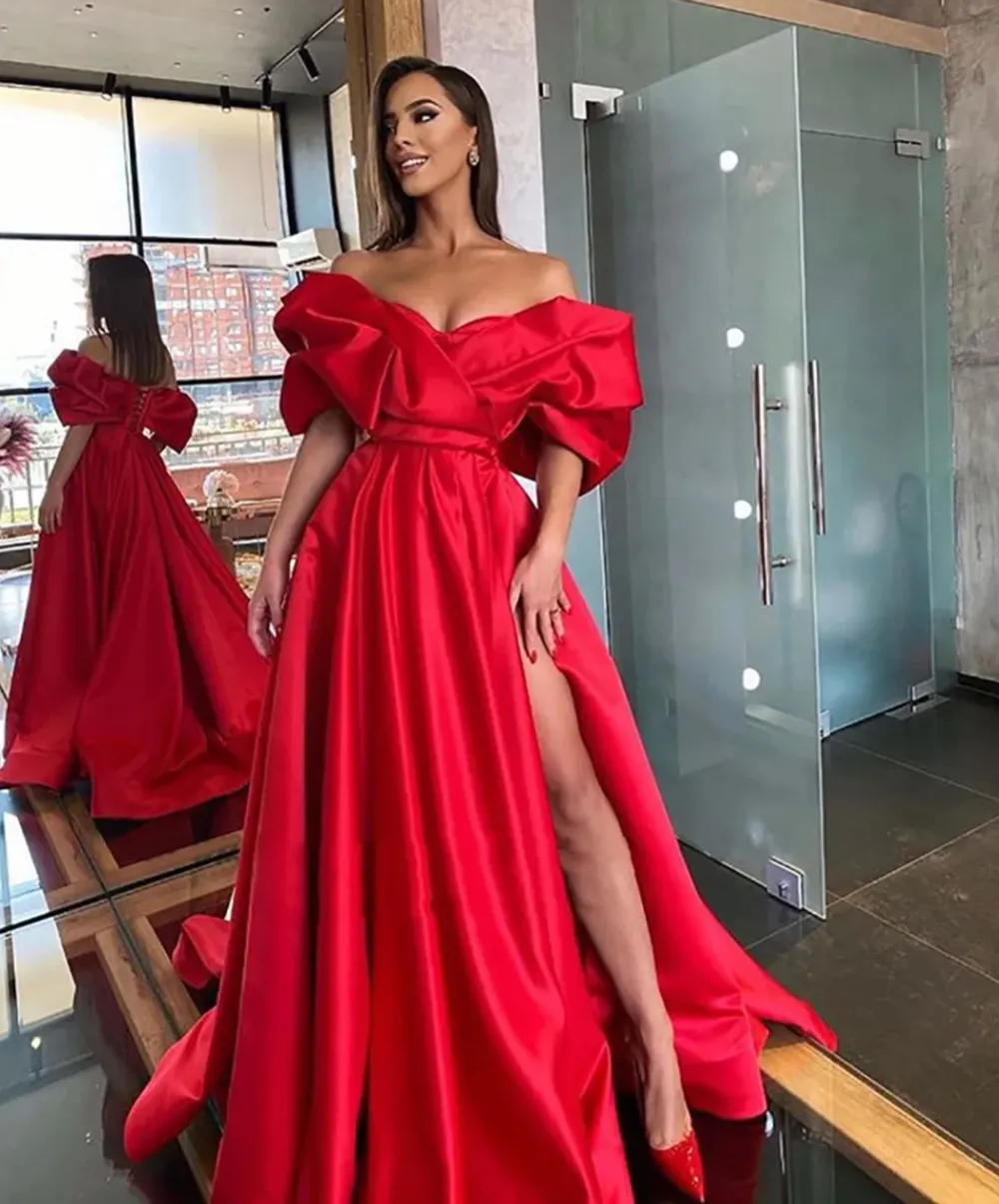 A Line Off the Shoulder Side Slit Prom Dresses LBQ0257