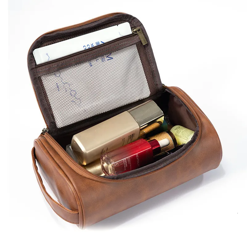 Cosmetic Bags Cases Men Leather Travel Business Toiletry Shaving Bag Female Women Retro Cosmetic Washing Shower Organizer Waterproof 230515
