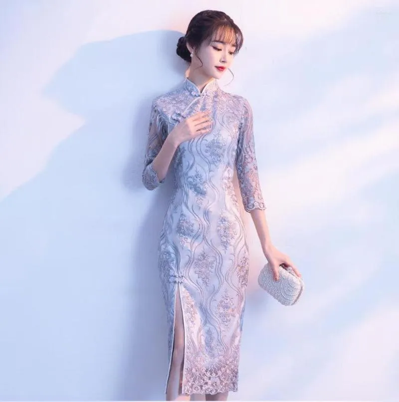 Roupas étnicas Verão Bolsa de bordado retrô Hip Cheongsam Dressam Chinese Classic Stand Collar Tamanho grande Elegante para mulheres elegantes