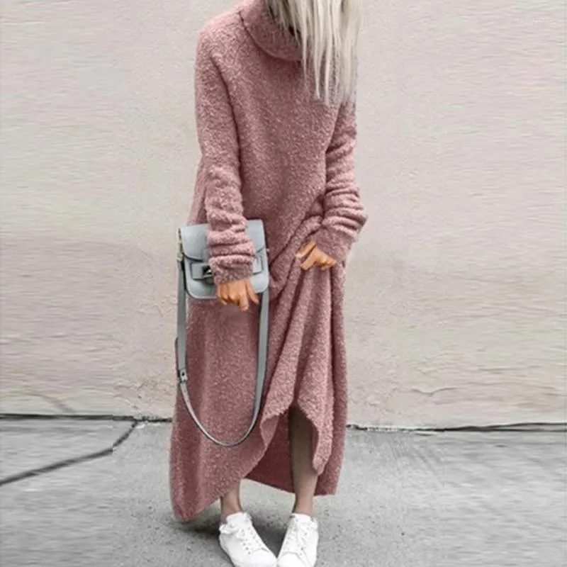 Casual Dresses Turtleneck Kvinnor Långärmad förtjockad Elegant Dress Fleece Solid Robe Autumn Winter Office Lous Loose Maxi