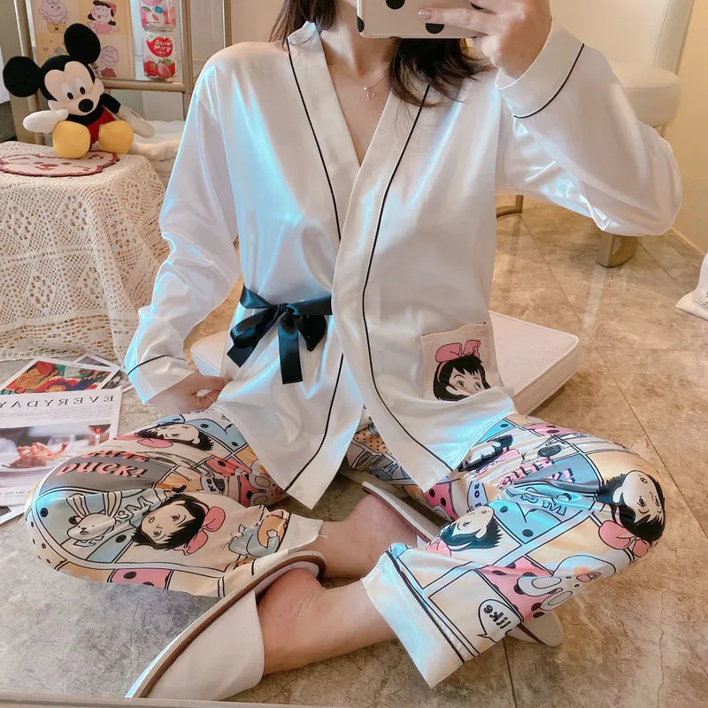 Pijama de roupas de dormir feminino Conjunto de gelo feminino Cetim de seda Autumn Autumn Lace Cute Kimono Summer Home Wear Suit Kawaii Pijamas Mulheres 230515