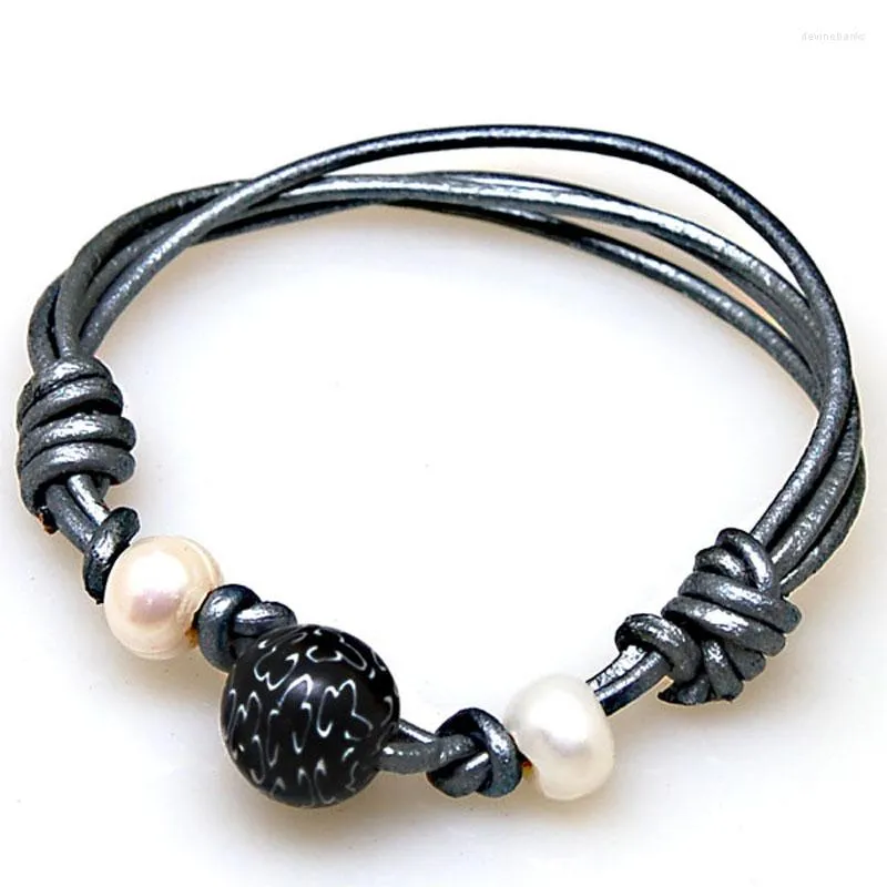 Strand Miasol Real Leather Grey Clay Flower Beads Charm Freshwater Pearl Adjustable Women Girl Bracelets For Gifts