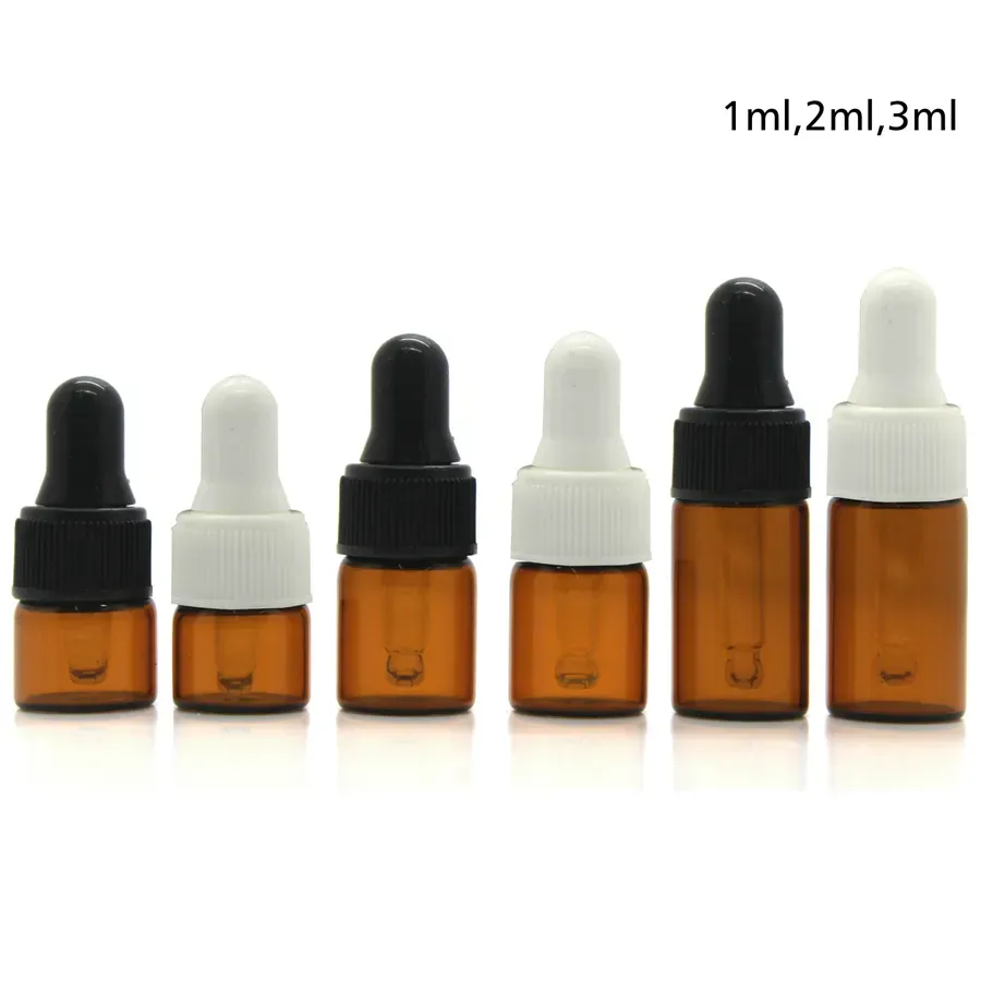 1000pc 1ml 2ml 3ml Frascos cuentagotas de vidrio ámbar Botella de aceite esencial Frascos de perfume pequeños Botella de almacenamiento de muestras