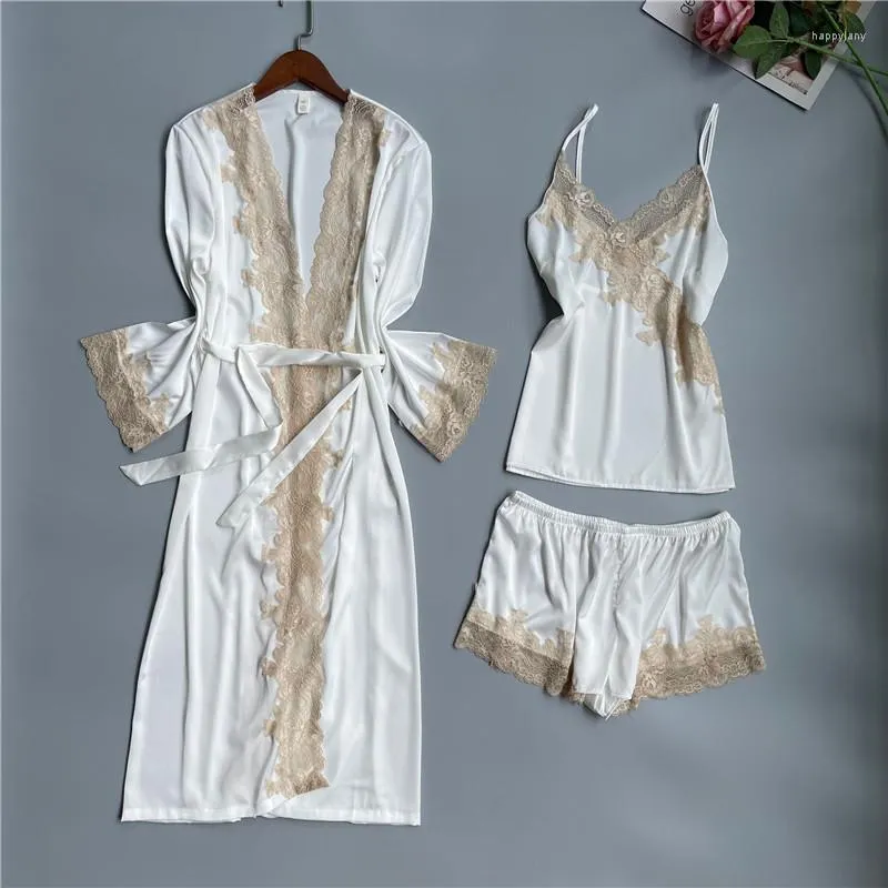 Dames slaapkleding witte kanten pyjama slaapset dames satijn kimono gewaad jurkpak met shorts nachthemd zomer nachtkleding huiskleding