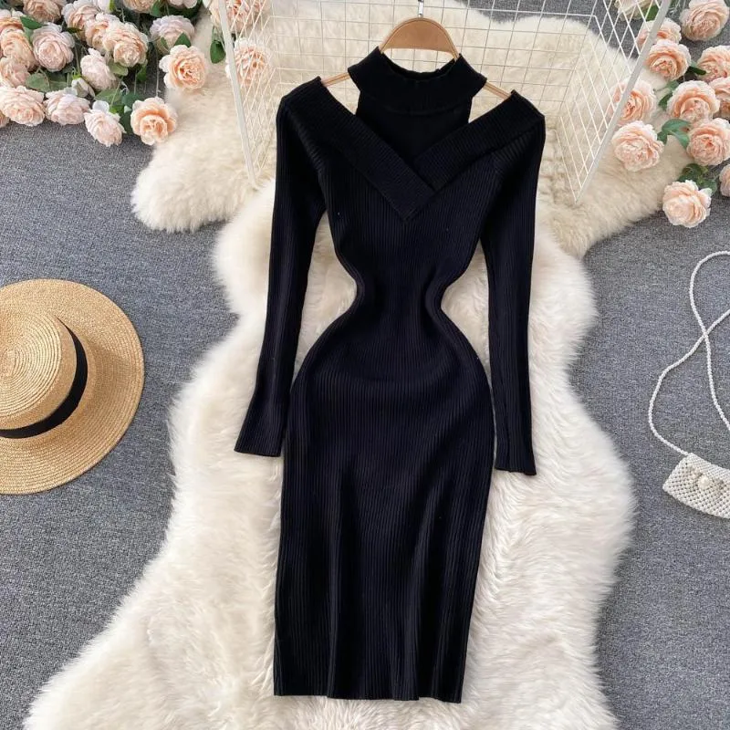 Casual Dresses Sexy Club Off Shoulder Knitted Dress Women Fall Winter High Street Solid Color Slim Hip Midi Black Orange Clothing Robe
