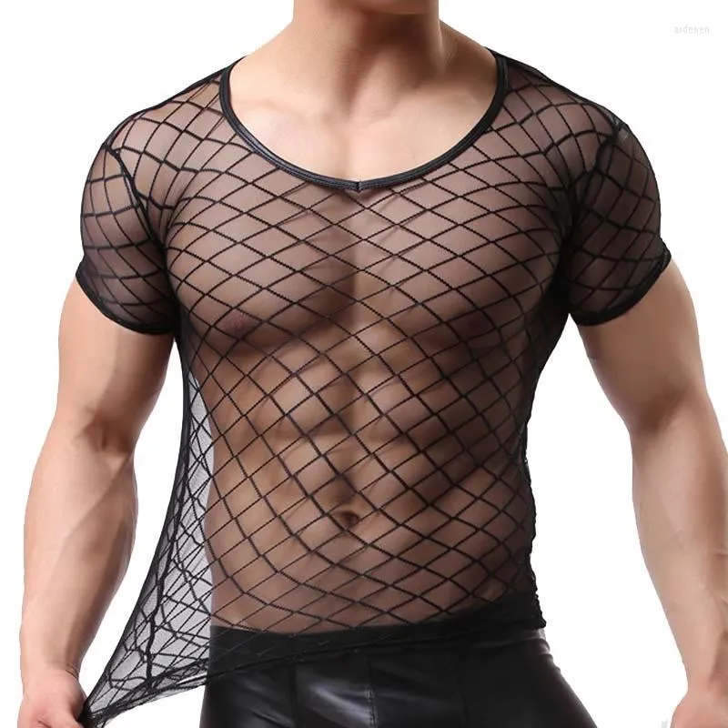 Camisetas masculinas camisa de homens sexy com malha transparente veja através do topo Tees Man Tshirt Singlet Macho Casual Roupas T-shirt